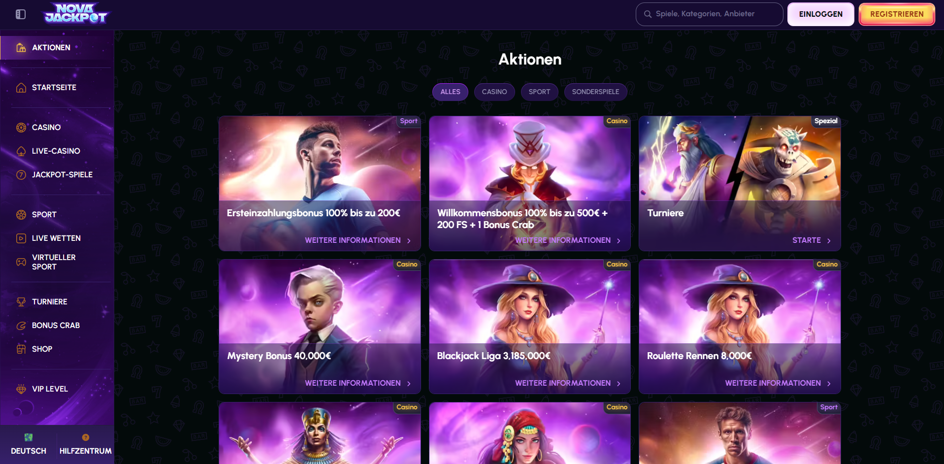 NovaJackpot Casino Spieleauswahl