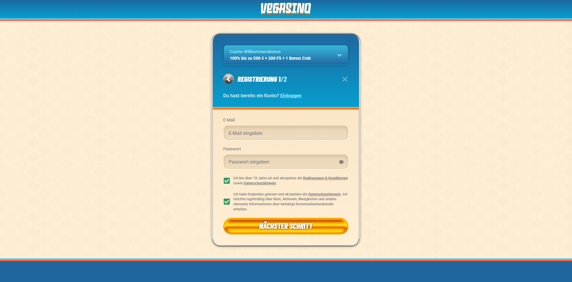 Vegasino Casino Registrierung